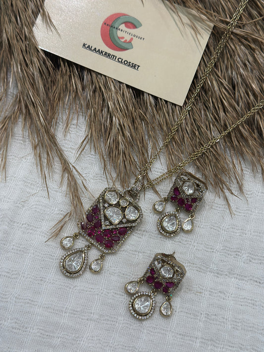 Ruhani Ruby Moissanite Pendant Set (Double Layered Chain)
