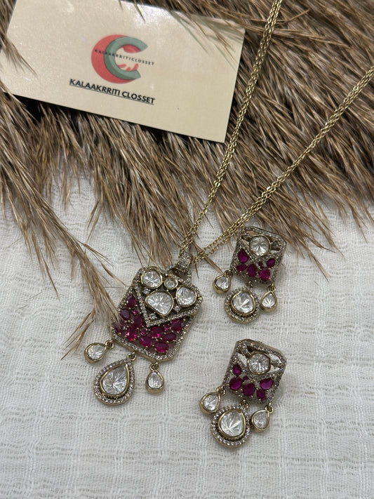 Ruhani Ruby Moissanite Pendant Set (Double Layered Chain)