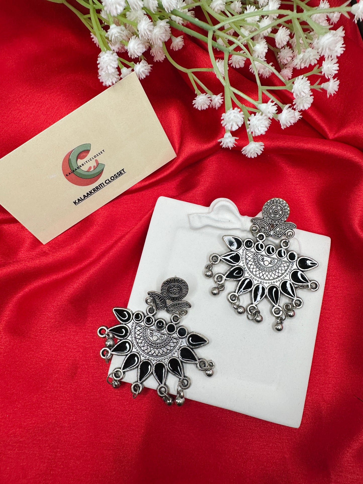Black Enamel Tribal Fan Earrings