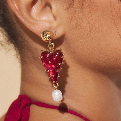 Ruby Pearl Heart Earrings