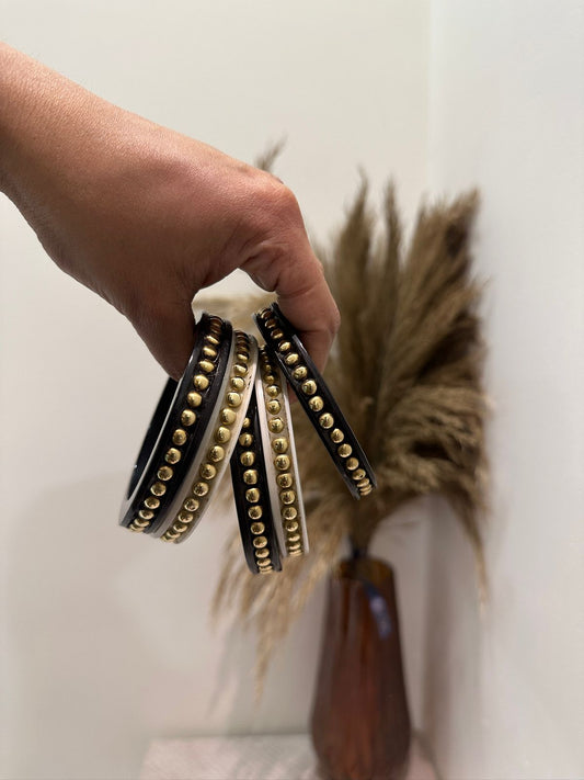 Black & Ivory Gold Stud Bangle Set (5 Pcs)